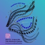 A swirling design of Pasifika motifs is embedded with event details, on a purple-blue-teal background.