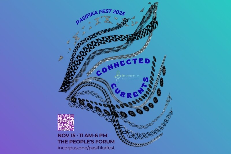 A swirling design of Pasifika motifs is embedded with event details, on a purple-blue-teal background.