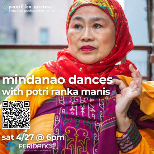 Potri Ranka Manis poses facing the camera, dressed in red, gold, and purple. Text overlay includes details about the event.