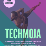 There is writing that shares the info in the description and a man who is in arabesque with his arms behind his back