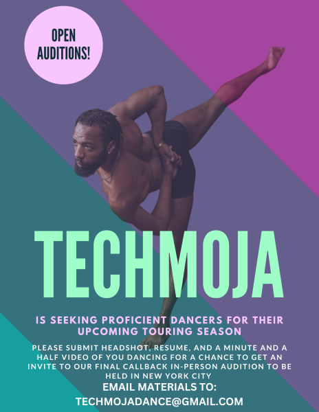 There is writing that shares the info in the description and a man who is in arabesque with his arms behind his back