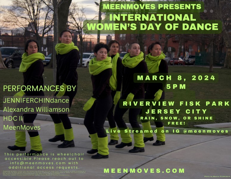 Six dancers in an outdoor park wearing black and lime green moving in unison looking over left shoulder.