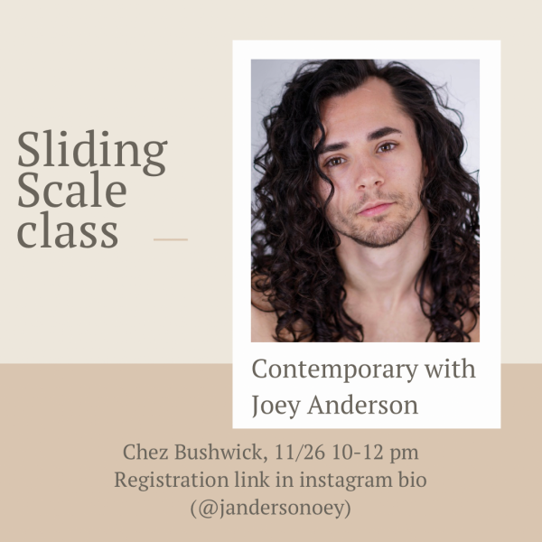 Image contains a headshot of Joey Anderson along with class details. Class is on 11/26 from 10-12 pm at Chez Bushwick