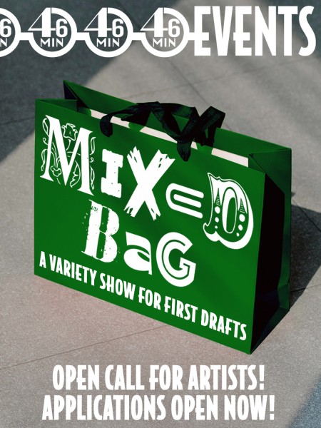 A green gift bag sits against a grey backdrop with white text that reads "Mixed Bag: A Variety Show For First Drafts"