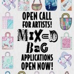 White background with various handdrawn bags bordering text that reads "Open call for artists! Mixed Bag applications open now!"