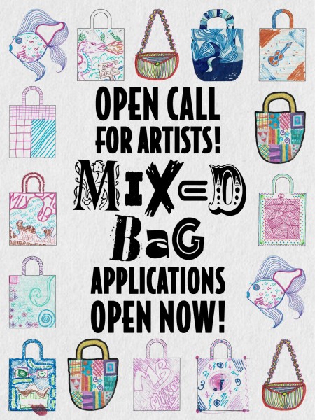 White background with various handdrawn bags bordering text that reads "Open call for artists! Mixed Bag applications open now!"