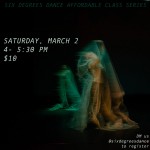 Two dancers are standing, caught in gentle motion beneath a sheer fabric, with green and blue hues enveloping them.