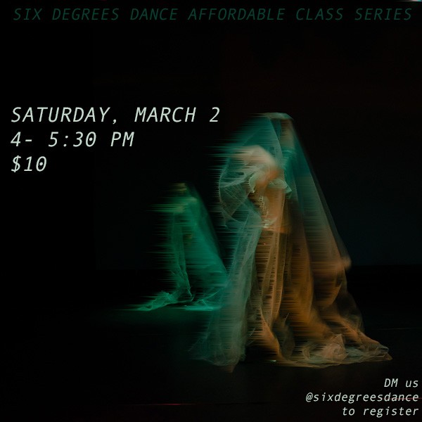 Two dancers are standing, caught in gentle motion beneath a sheer fabric, with green and blue hues enveloping them.