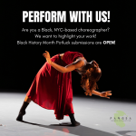 Dancer in a red dress bending backward with her arms outstretched.