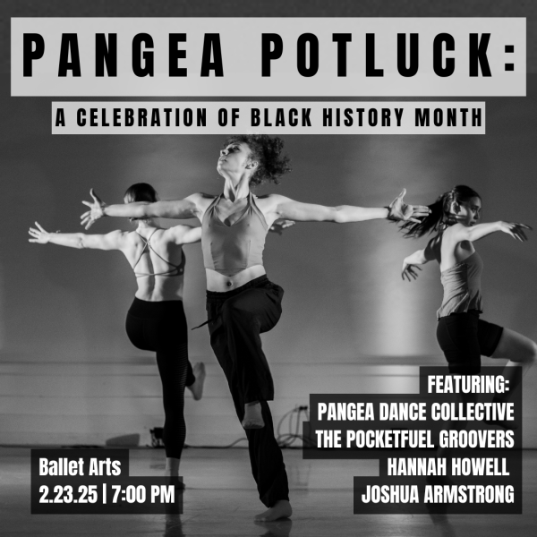 Black and white photo of dancer with arms extended out to the sides, and right leg lifted up, as if taking a step forward. 