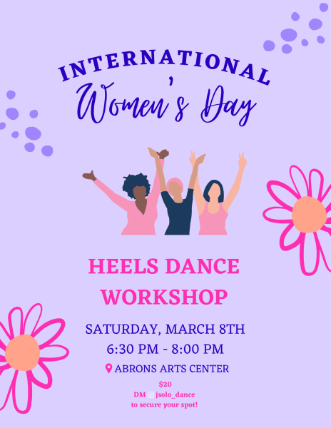 A flyer for an International Women&rsquo;s Day Heels Dance Workshop, featuring event details and an illustration of three women.