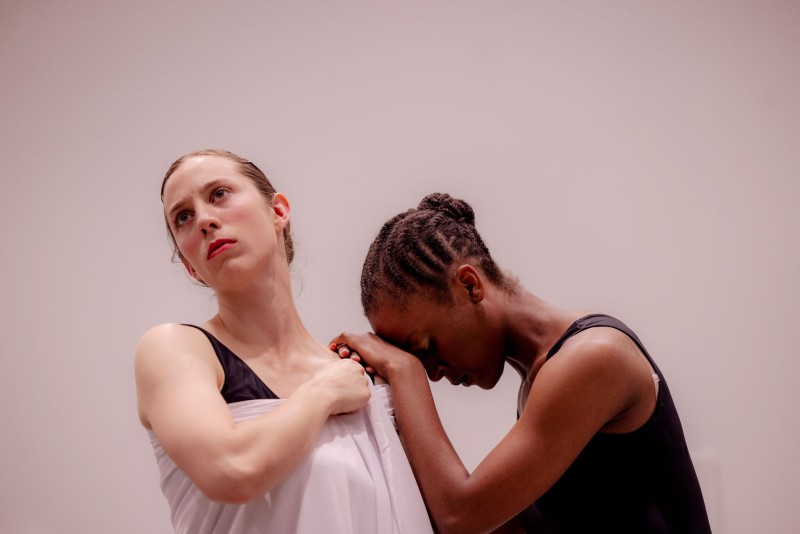 dancers melting into the pose. one muted from the other and looking away.