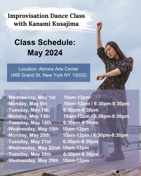 The flyer of the dance class by Kanami Kusajima, with the class schedule in May
