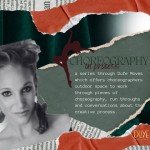 Image contains colored ripped paper, dancer, headshot of curator, description of the series and duye moves logo in yellow.