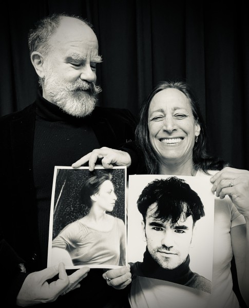 Curran and Pivar holding each other's 1980s headshots