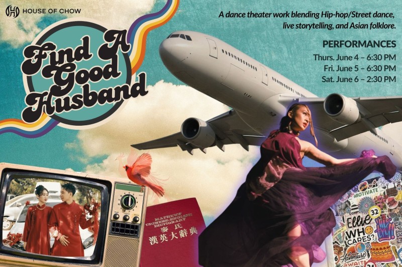 Title reads "Find A Good Husband" with a dreamscape of an airplane, a dancer, and a TV with a bride and groom.