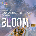 Three women with a cloud background and the words BLOOM: Emerging Artist Festival across the screen in white letters.