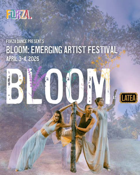 Three women with a cloud background and the words BLOOM: Emerging Artist Festival across the screen in white letters.