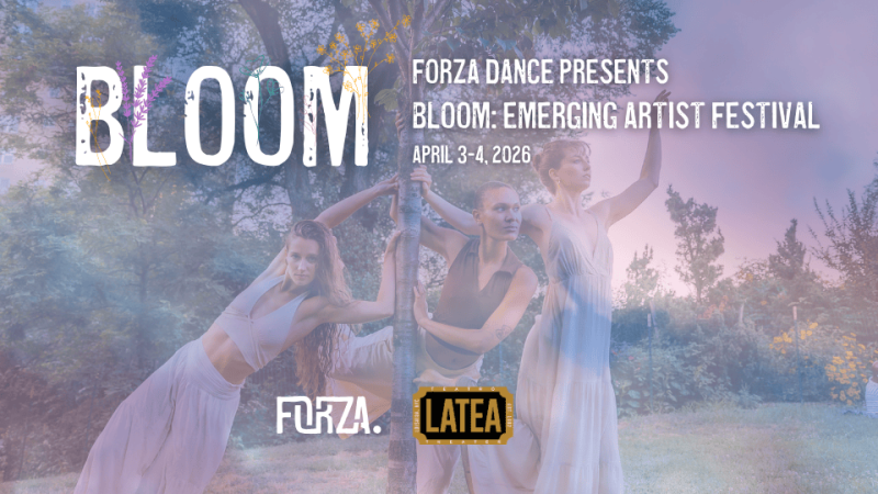 Three women with a cloud background and the words BLOOM: Emerging Artist Festival across the screen in white letters.