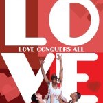 Three dancers reach to graphic of event title" Love Conquers All"