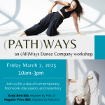 Blue, black, and white blocks with text outlining the event, photos of Alyssa and Aurora dancing.