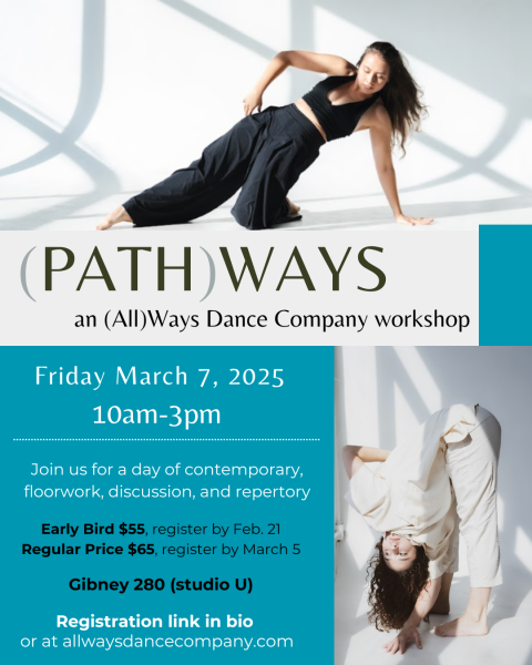 Blue, black, and white blocks with text outlining the event, photos of Alyssa and Aurora dancing.