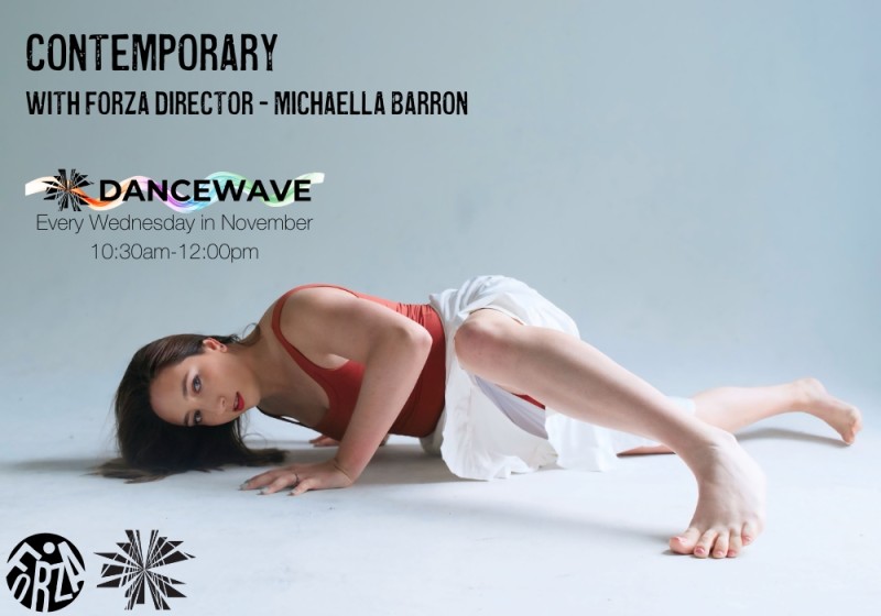 Woman wearing an orange red leotard and white skirt in a crouch on the ground with a gray background and words