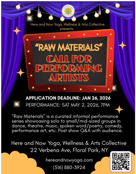 Text box on stage with curtains and lights.  In the text box is info on the performance opportunity. More text below the box. 