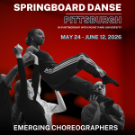 Flyer for the Springboard emerging choreographer program that depicts a dancers being lifted by fellow dancers