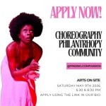 Woman crouched looking up. Text says: apply now! Choreography, Philanthropy, Community along with information in listing.