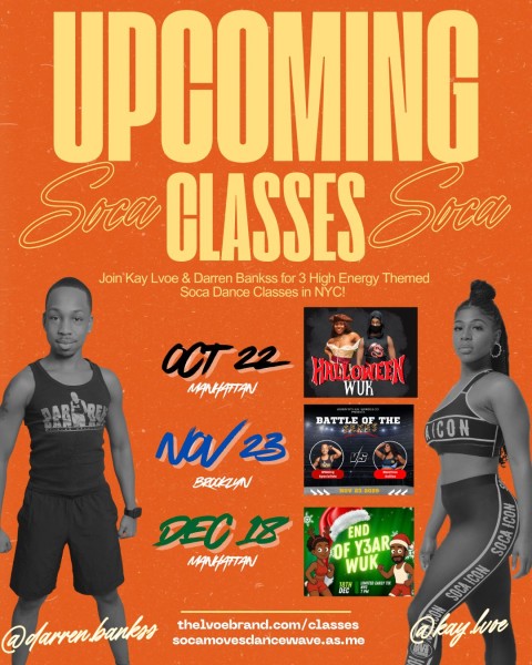 Image features a male and woman in black and white with an orange background. Middle of the image shows 3 dates & 3 small flyers