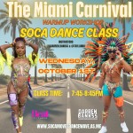 Photo features a male and woman instructor in bright and beautiful Caribbean costumes with a steet view in the background.