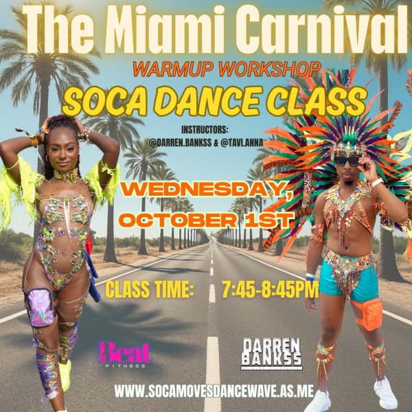 Photo features a male and woman instructor in bright and beautiful Caribbean costumes with a steet view in the background.