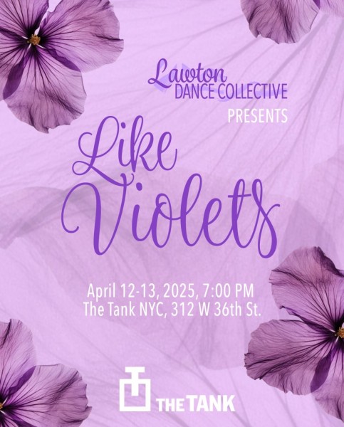 Dark purple flowers on a purple background. Purple and white text with show times. The Tank NYC logo 