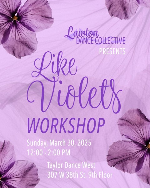 Dark purple flowers on a light purple background. White and purple text with the workshop date and location. 