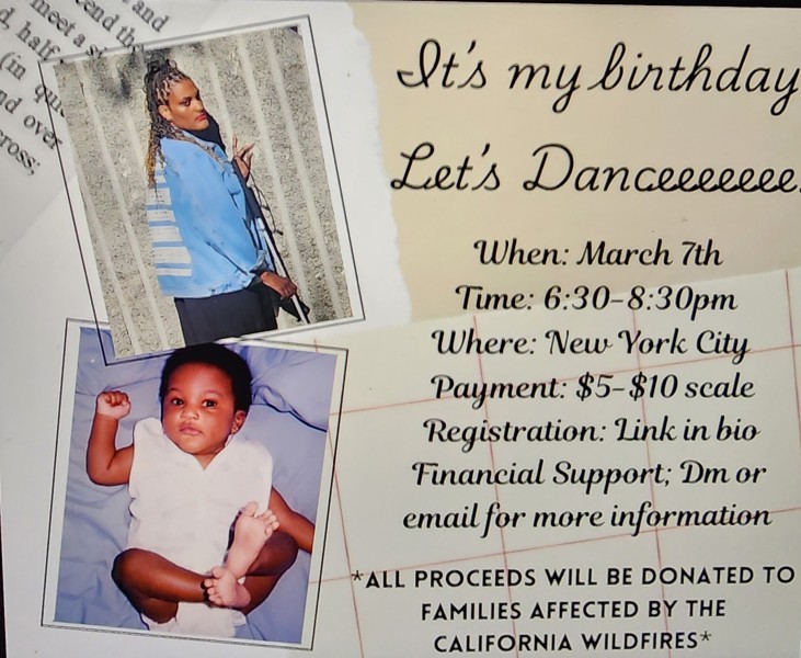 The image is a digital flyer for a birthday dance event. The flyer features two photographs: one of a person with braided hair w