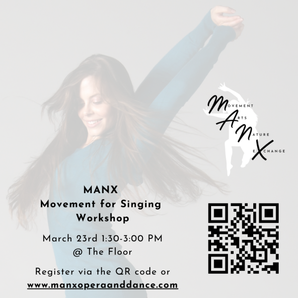 A dancer in blue and black twirls around above text advertising a MANX workshop.