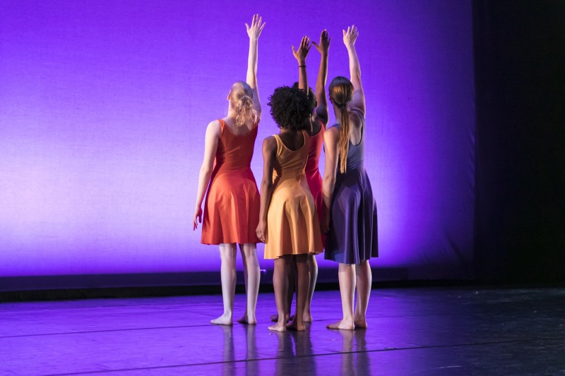 Four dancers with backs to camera. Right arm raised straight up. Dancers wearing knee length dresses of different colors. 