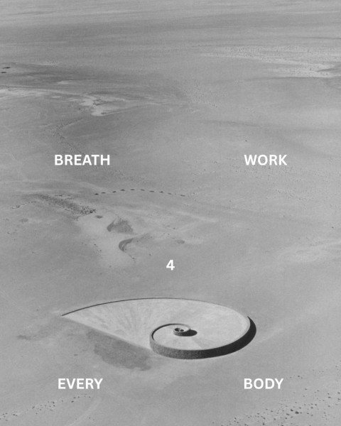 A black and white background image of a spiral in sand. Bold white text reads BREATH WORK 4 EVERY BODY