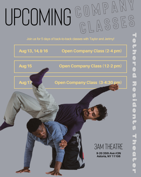 Two dancers partnering with company class schedule text overlay