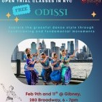 Image of Odissi dancers on flyer announcing free dance trial classes on February 9 and 11
