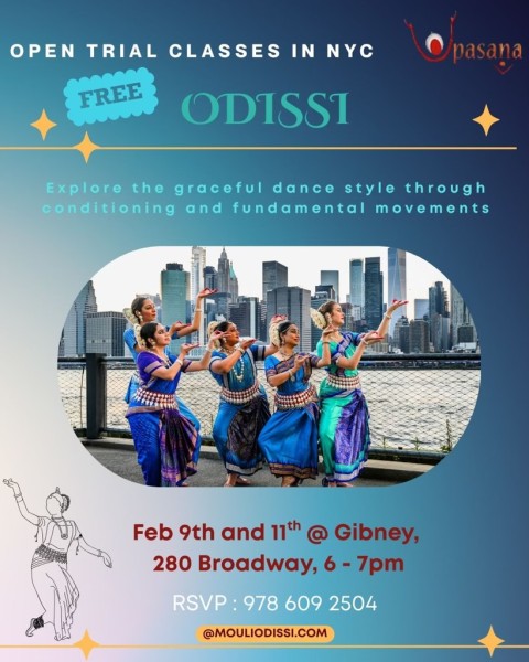 Image of Odissi dancers on flyer announcing free dance trial classes on February 9 and 11