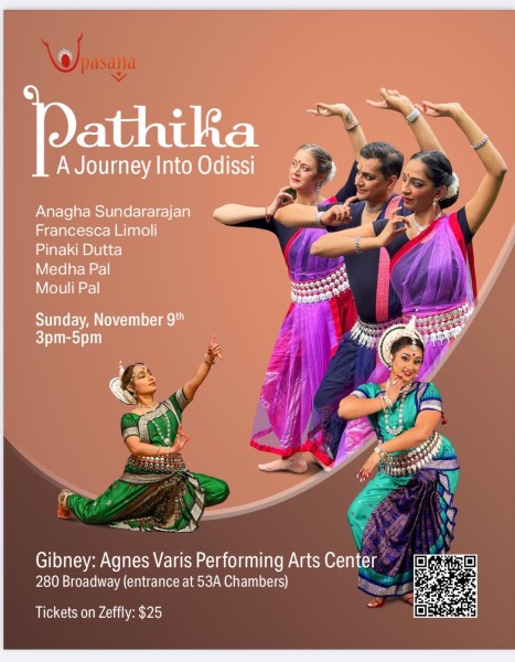Photo of Upasana Odissi dancers in Pathika : A Journey into Odissi performance on November 9th with QR Code for ticket purchase.