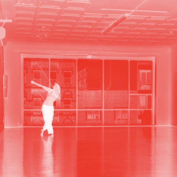 Woman with legs crossed and reaching away with right arm, dancing alone. The image colors are inverted in red and white.