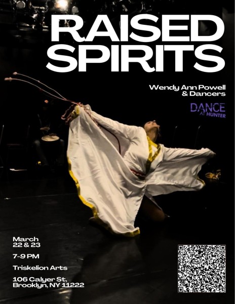 Black Dancer is white dress mid-reach on top of a dark background with white and purple text