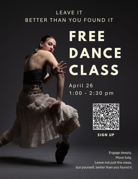 Dancer posed next to the text 'Free Dance Class'