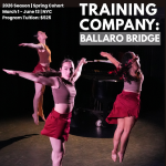 Three dancers jump into the air with arms wide open to their sides; they wear red skirts and brown tops; a piano in background. 