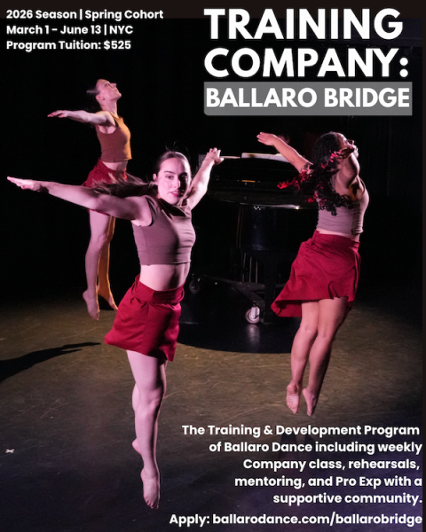 Three dancers jump into the air with arms wide open to their sides; they wear red skirts and brown tops; a piano in background. 