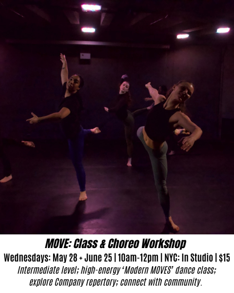 Two dancers fall off balance in attitude with an expressive performance quality on a purple lit stage. 