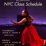 A woman reaches out with the palm of her hand while in a wide lunge; she wears red flowing pants and a black top.